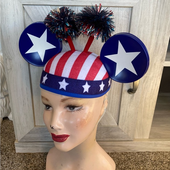 Disney Mickey Mouse Red White & Blue Ears Pom Poms Elastic Strap 4th of July - Picture 3 of 10
